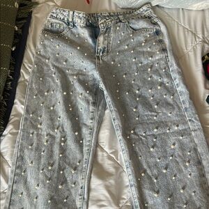 Women's Light Blue Pearl Embellished Jeans